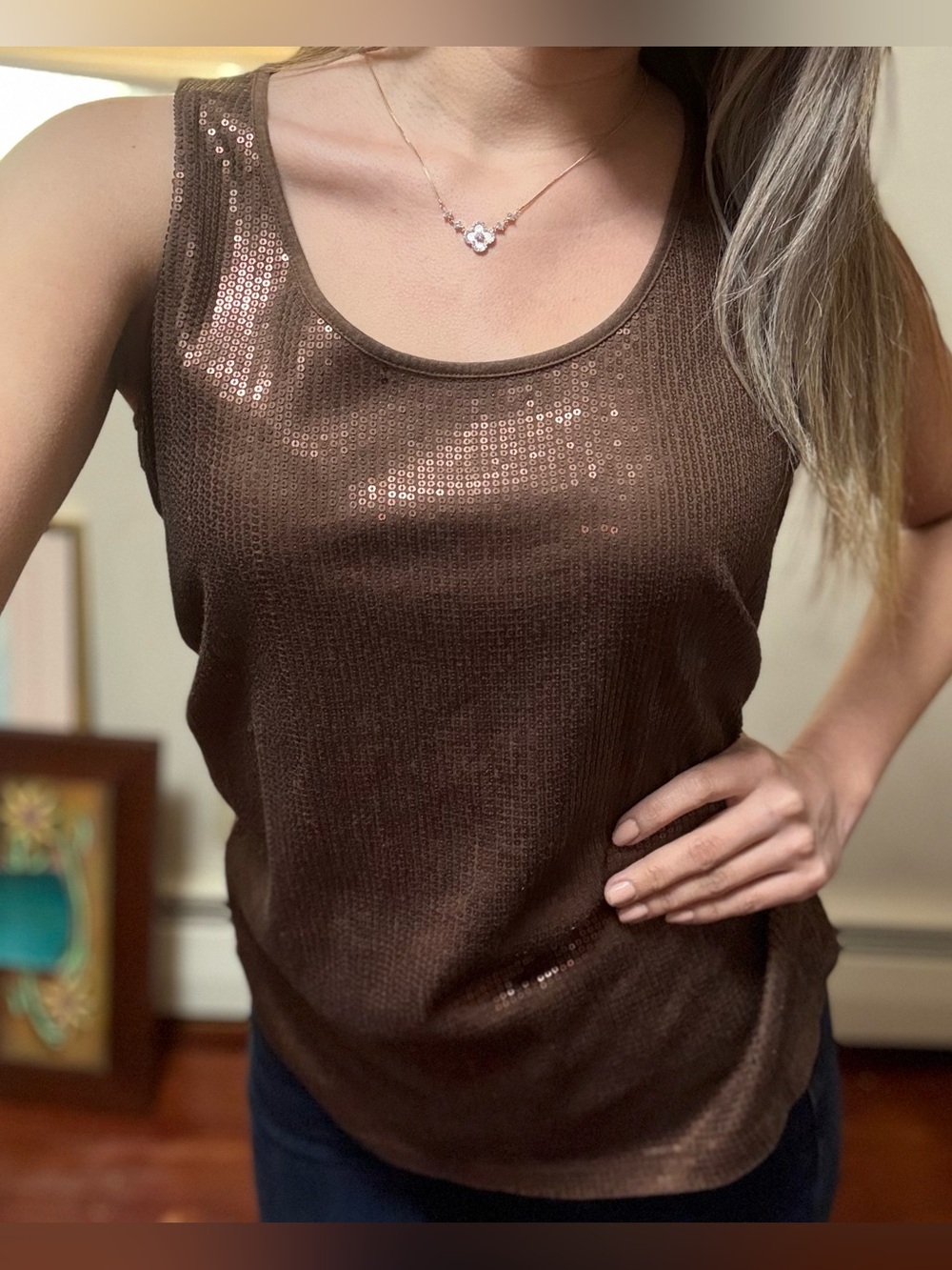 Dana Buchman Brown Sequin Scoop Neck Tank Top
